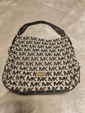 Michael Kors Beige Black Signature MK Hobo Shoulder Bag